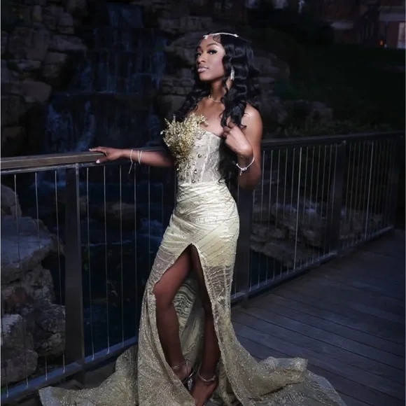slim fit dress slacks Joni Dazzling Gold Sequin Slit Maxi Dress